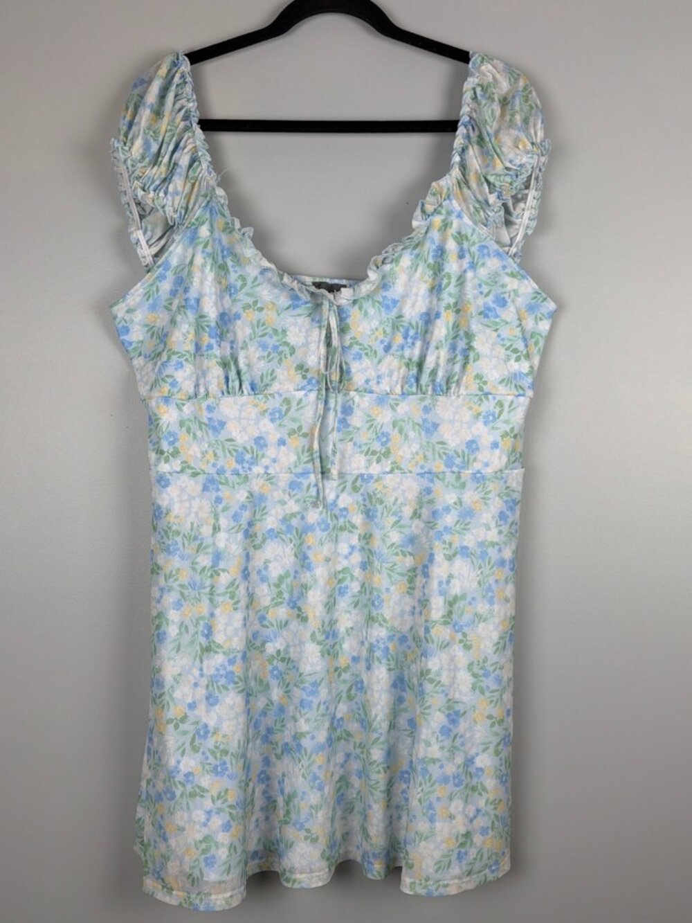 Arula Dress Womens 1X Blue Floral Cottagecore Puff Sleeve Milkmaid Tie Front